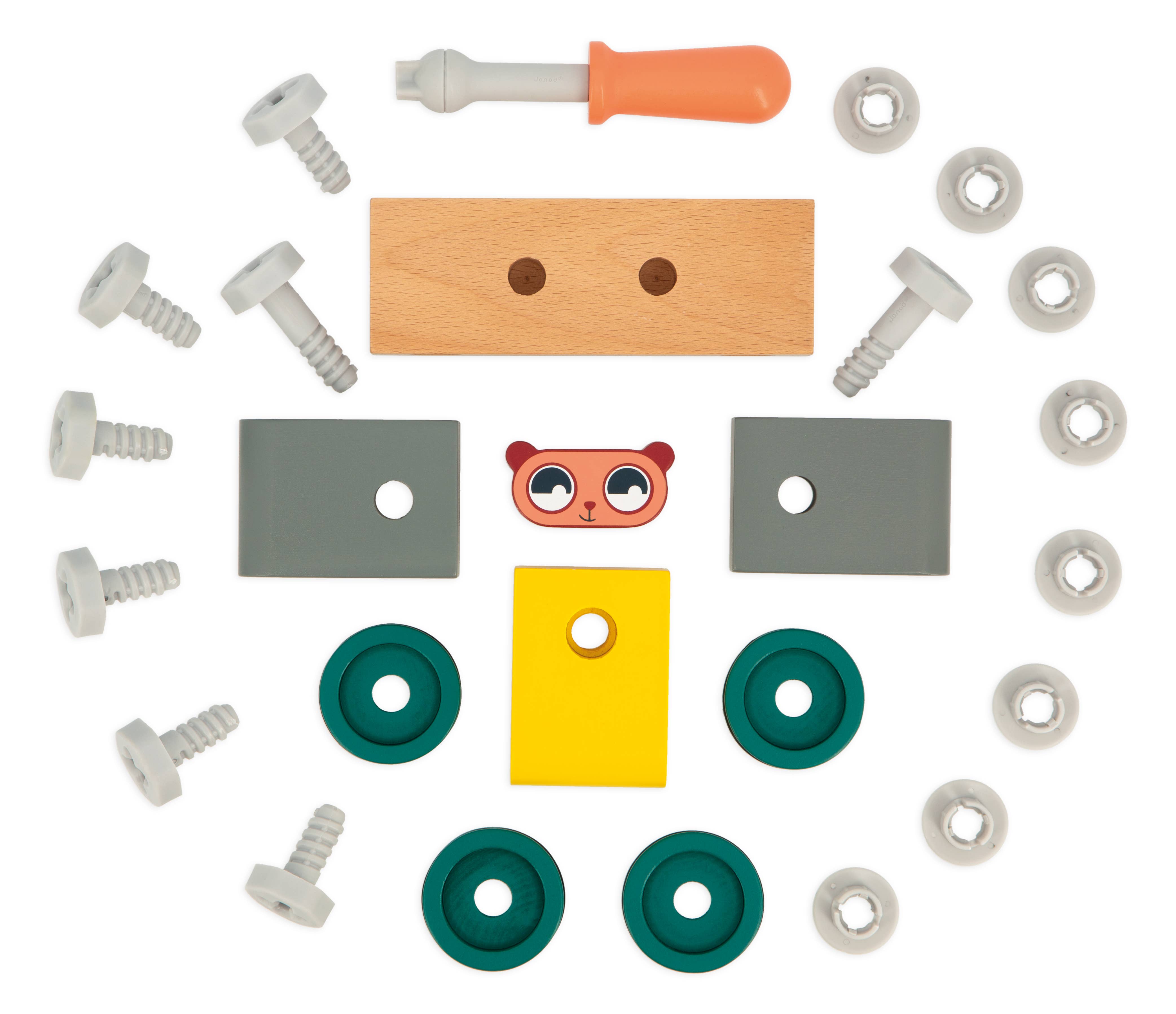 Janod Construction Bear Car building set with colorful wooden pieces and a bear figure for creative play and building fun