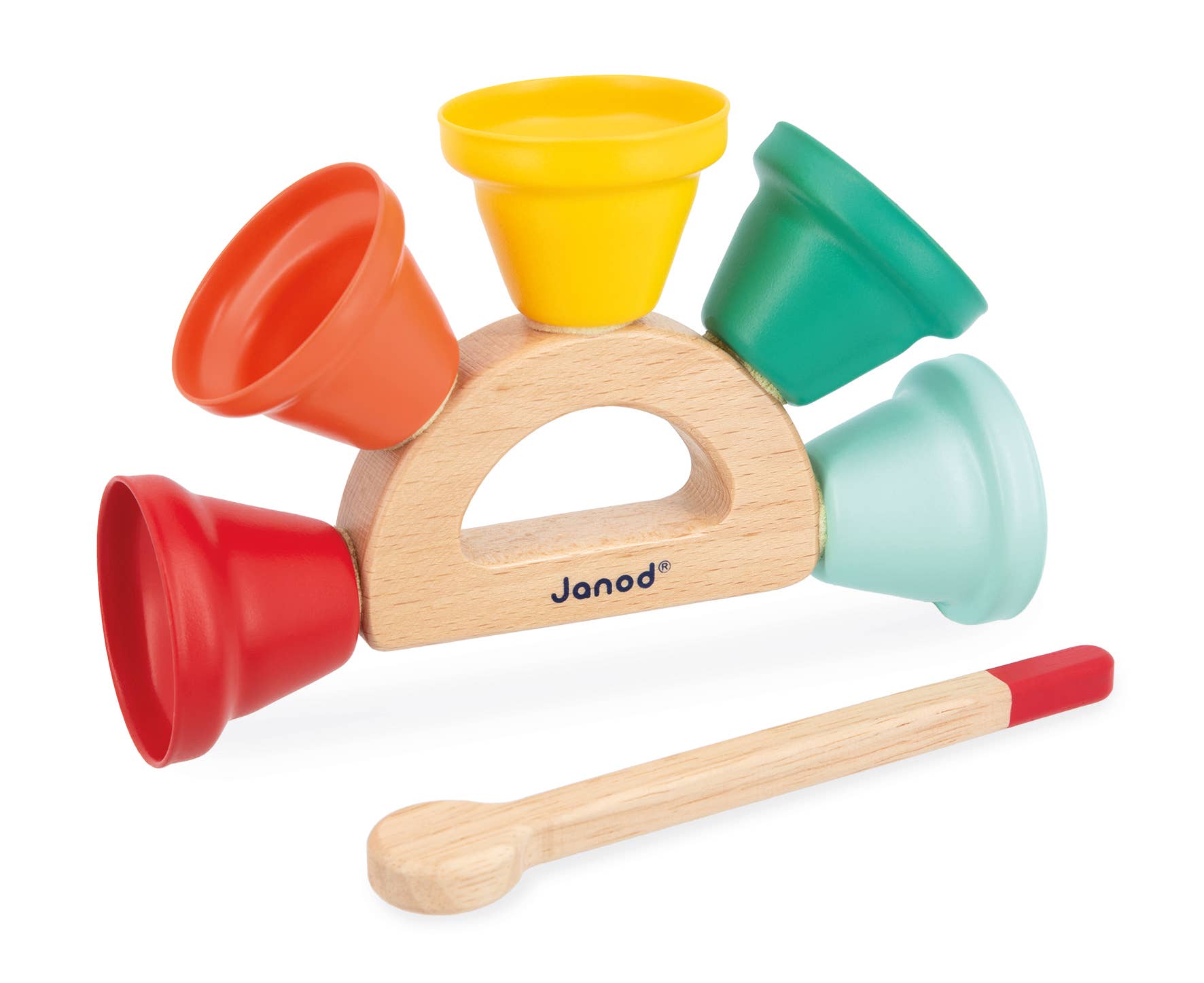 Janod Gioia wooden musical bell toy with colorful bells and a wooden handle, designed for children's musical play and learning.