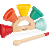 Janod Gioia wooden musical bell toy with colorful bells and a wooden handle, designed for children's musical play and learning.