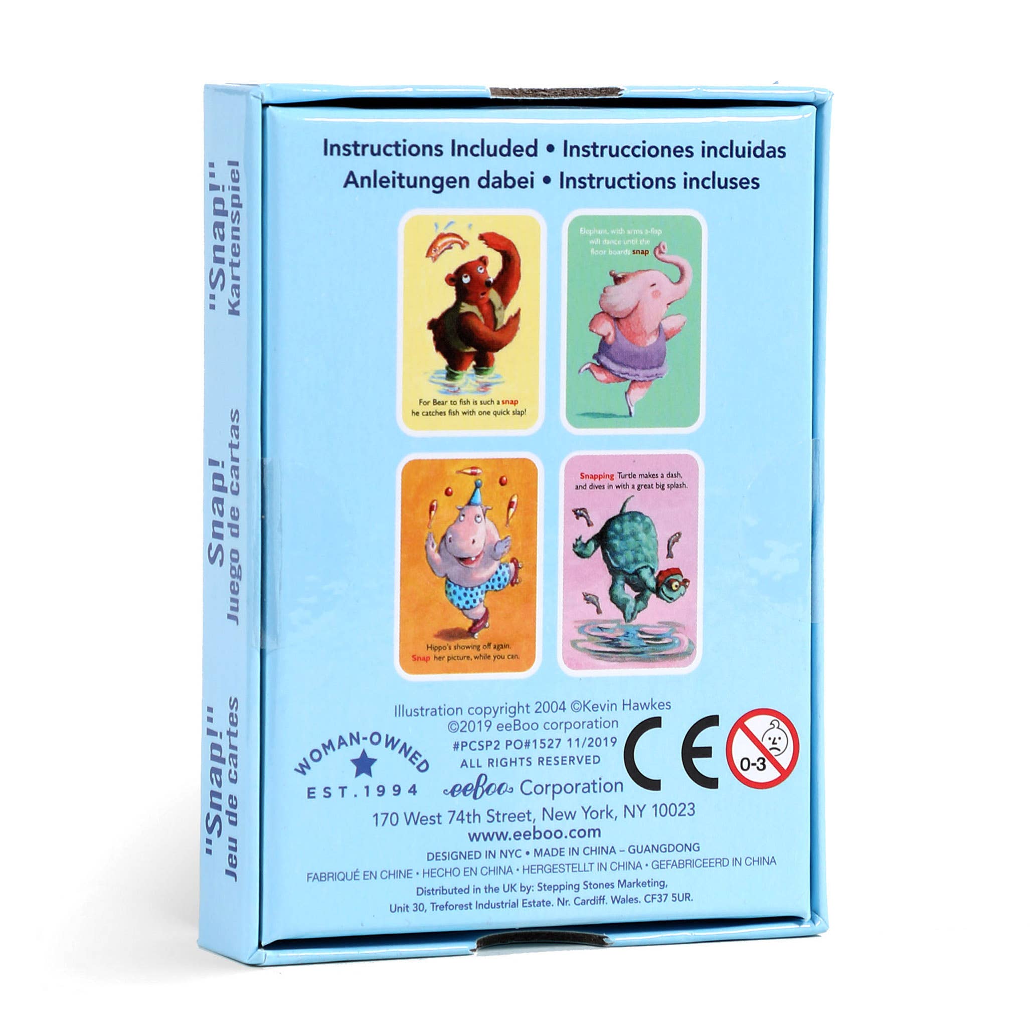 Two decks of eeBoo Snap card game cards featuring colorful illustrations on each card, designed for quick, matching fun.