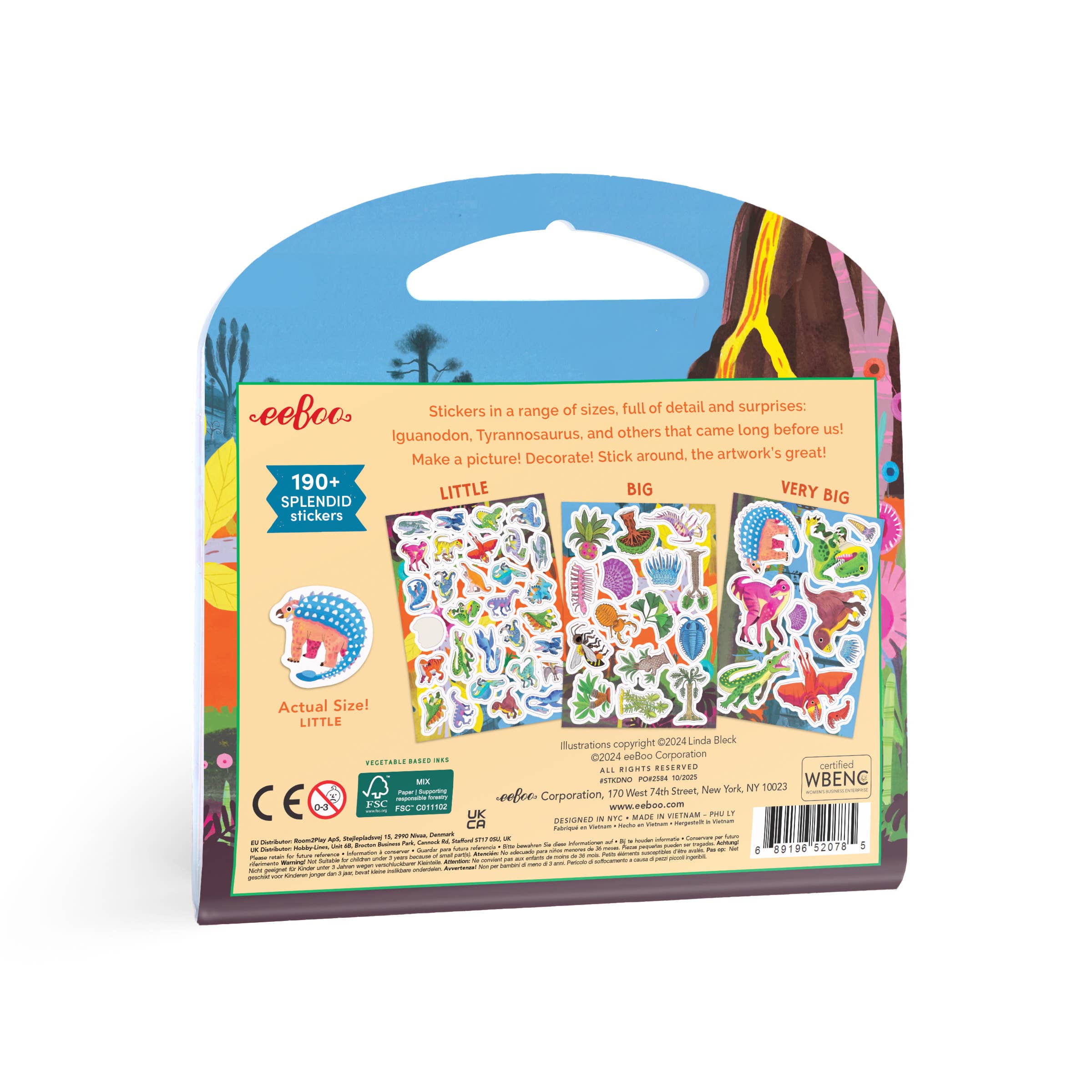 Colorful dinosaurs sticker book by eeBoo featuring pages of dinosaur-themed stickers for kids' creative fun.