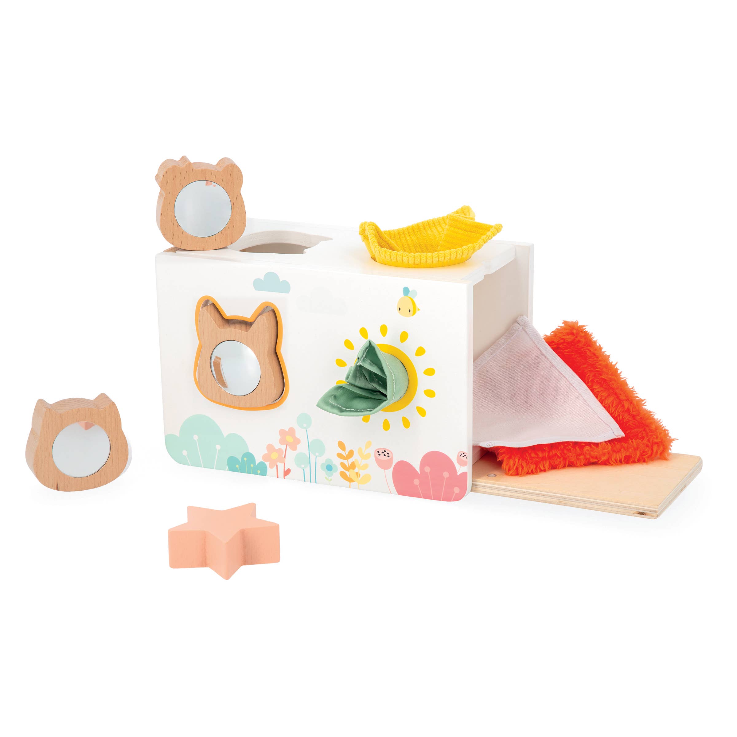 Baby playing with Janod sensory shape sorter, colorful educational toy with various shaped blocks for early learning and sensory development.