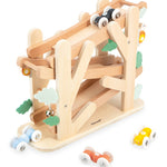 Janod Ants Wooden Racer Ramp with colorful wooden cars and trucks for children, designed for fun racing play.