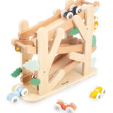 Janod Ants Wooden Racer Ramp with colorful wooden cars and trucks for children, designed for fun racing play.
