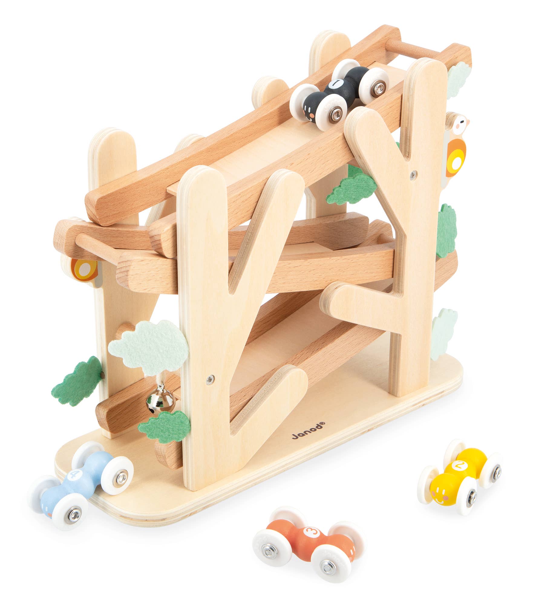 Janod Ants Wooden Racer Ramp with colorful wooden cars and trucks for children, designed for fun racing play.