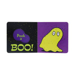 Children's book page with a ghost illustration and text 'Peek a BOO!' on a purple and black background.