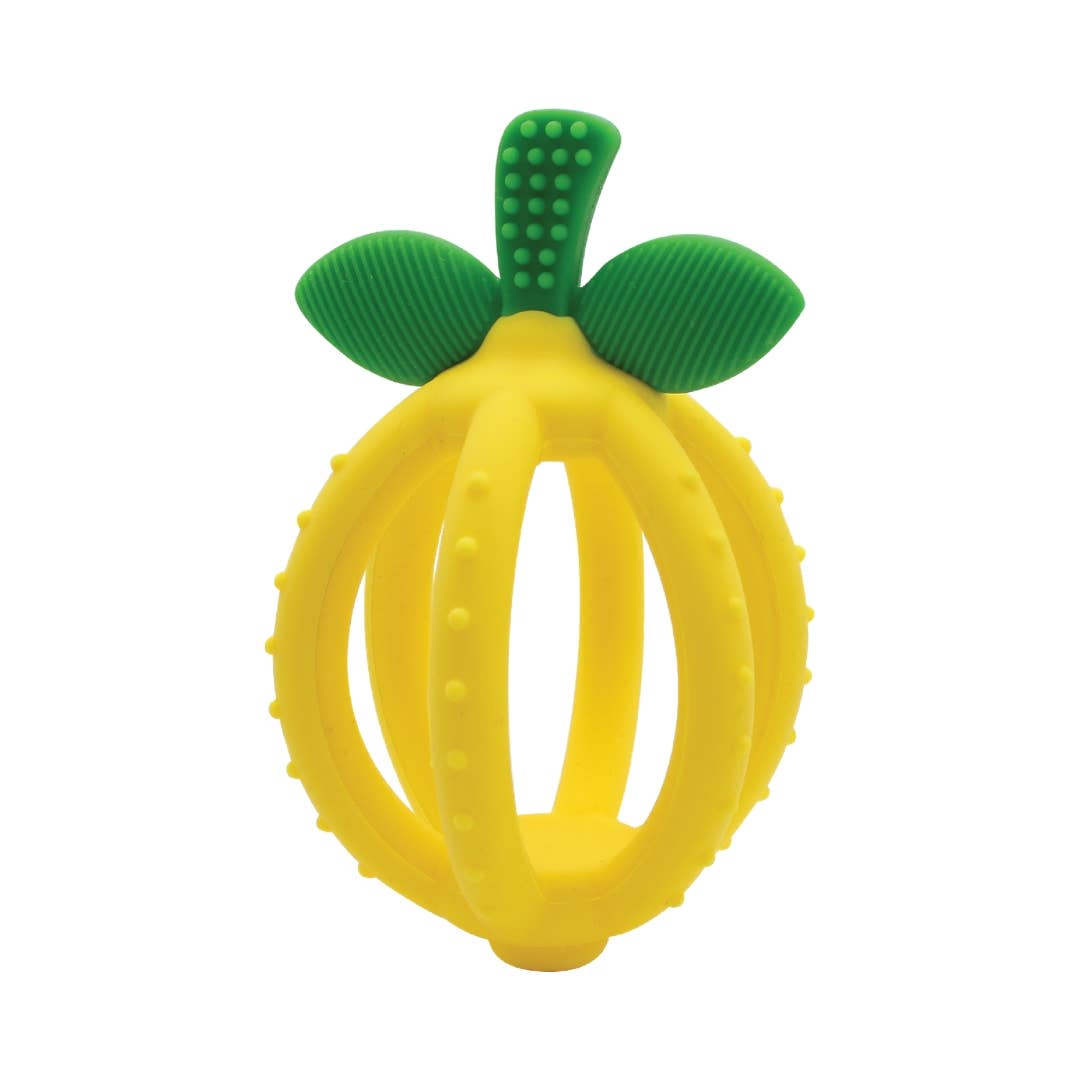 Itzy Ritzy lemon-shaped teething ball for babies, made of soft, chewable material with bright yellow color and textured surface.