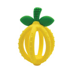 Itzy Ritzy lemon-shaped teething ball for babies, made of soft, chewable material with bright yellow color and textured surface.