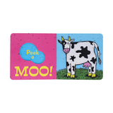 Children's book cover with a cow illustration and 'Peek a MOO!' text on a pink and blue background