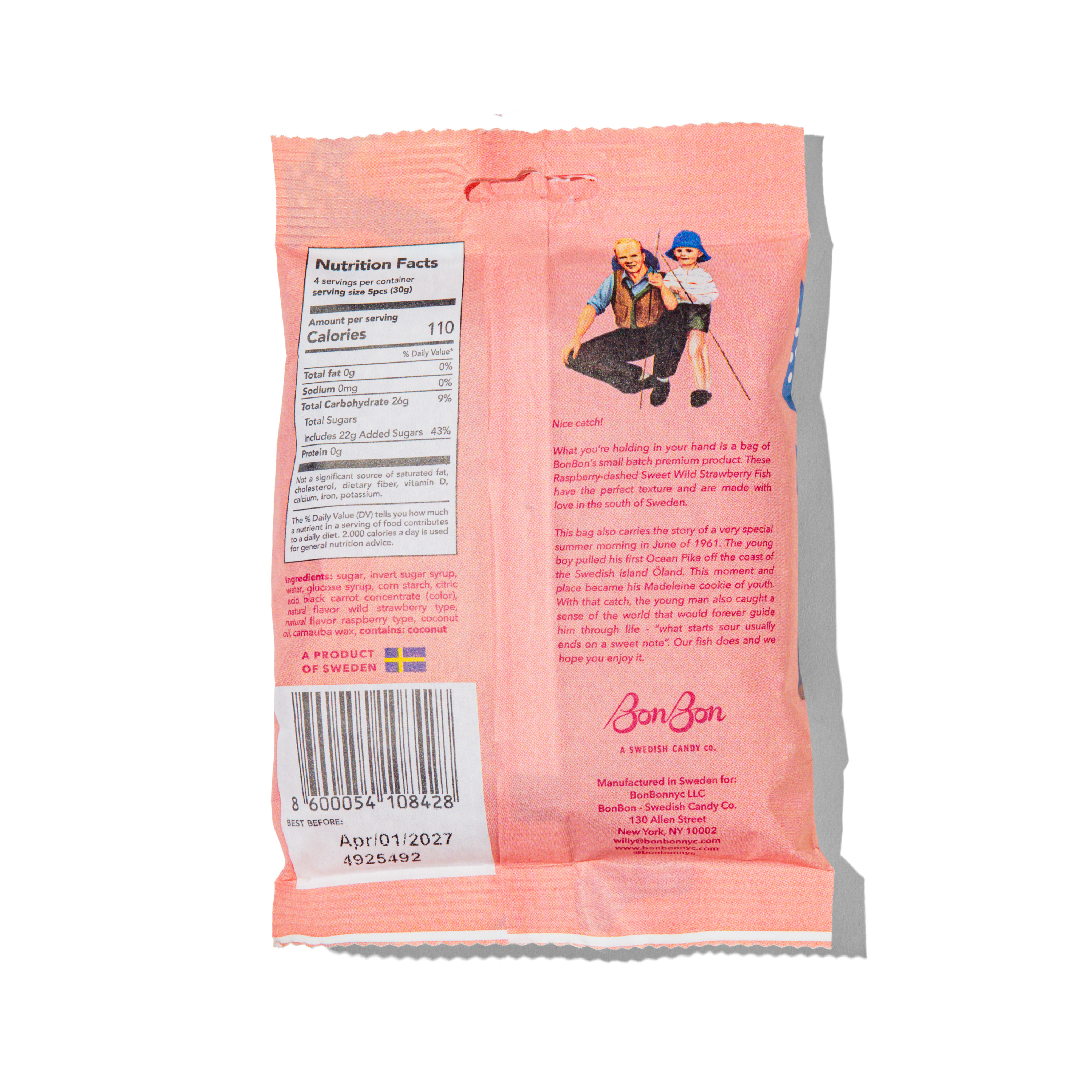 BonBon Sweet Wild Strawberry Fish treat featuring colorful, fish-shaped candies with wild strawberry flavor from Swedish candy brand BonBon.