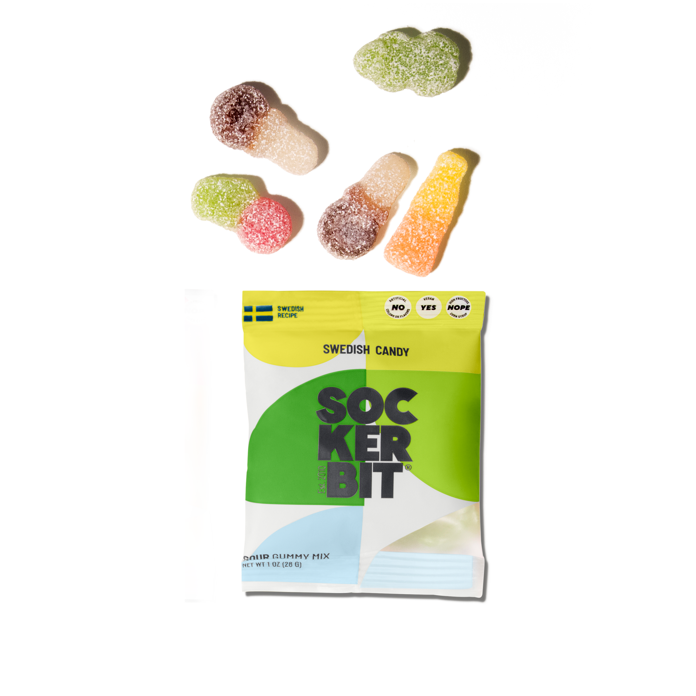 Sockerbit Sour Gummy Mix single pack of colorful sour gummies in a clear plastic bag, treats from Sockerbit.