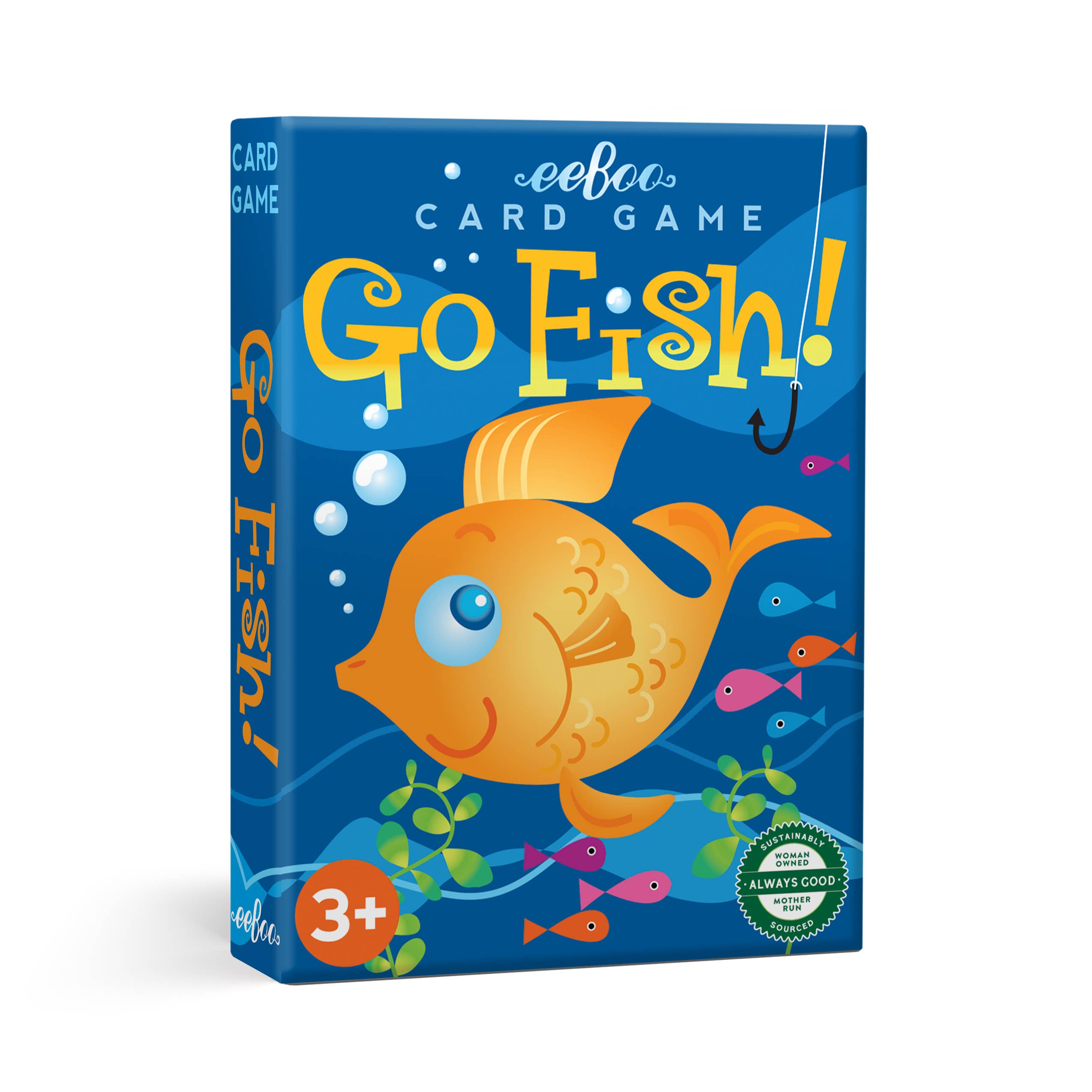 Color Go Fish card game by eeBoo featuring vibrant illustrated cards for fun family fishing game play.