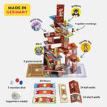Rhino Hero Tower Stacking Game by HABA USA with colorful wooden blocks and a superhero figure for children’s stacking fun.