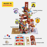 Rhino Hero Tower Stacking Game by HABA USA with colorful wooden blocks and a superhero figure for children’s stacking fun.
