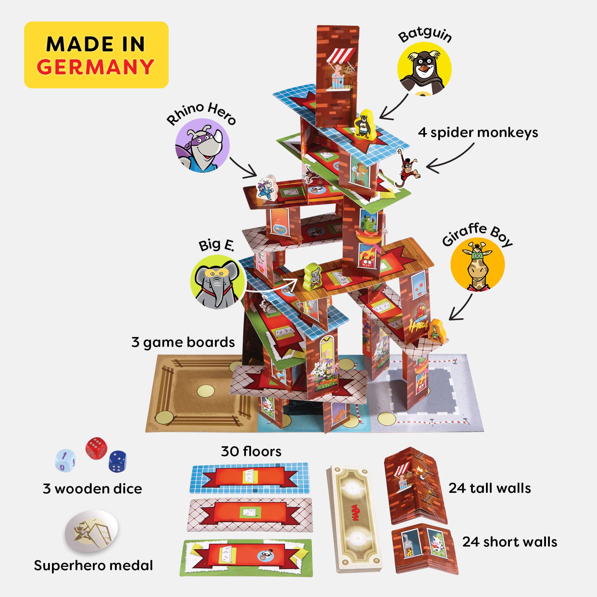 Rhino Hero Tower Stacking Game by HABA USA with colorful wooden blocks and a superhero figure for children’s stacking fun.