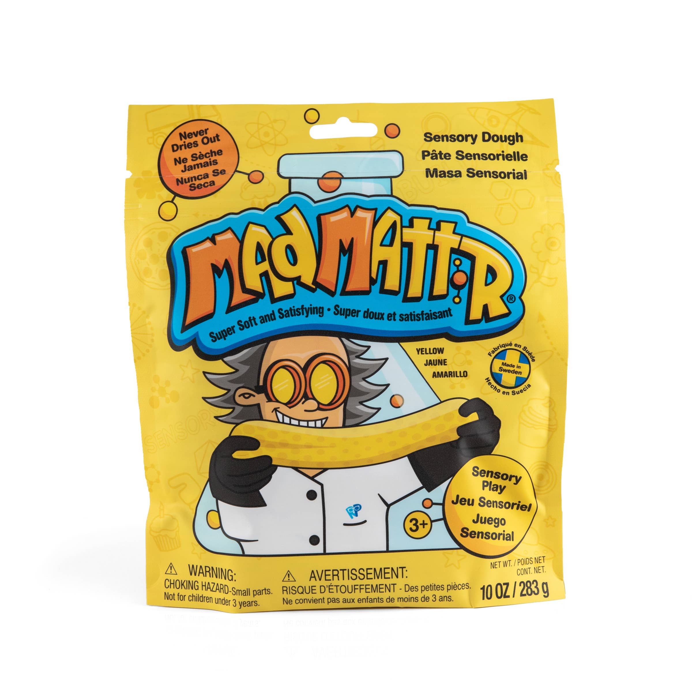Mad Mattr Yellow Quantum Pack sensory toy with bright yellow modeling clay and playful textures, designed for tactile sensory play.
