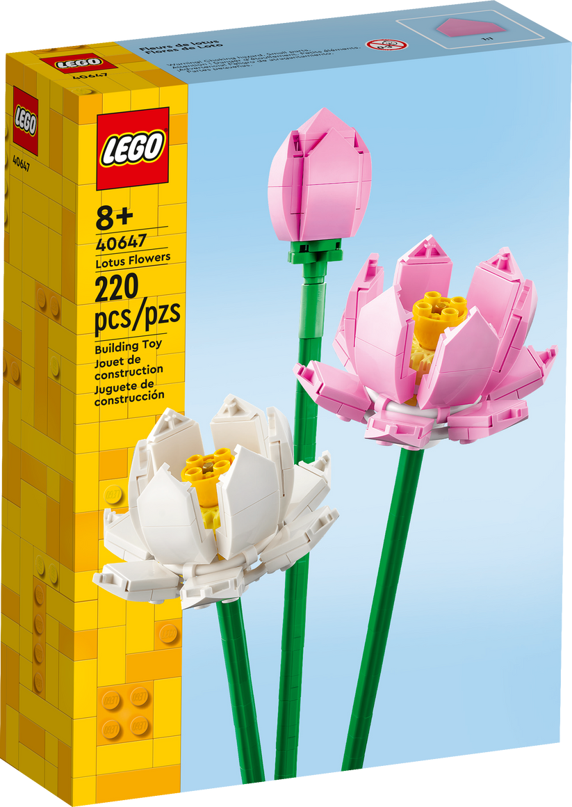LEGO Lotus Flowers set packaging with two pink and one white lotus flowers on a blue background.