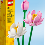 LEGO Lotus Flowers set packaging with two pink and one white lotus flowers on a blue background.
