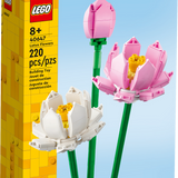 LEGO Lotus Flowers set packaging with two pink and one white lotus flowers on a blue background.