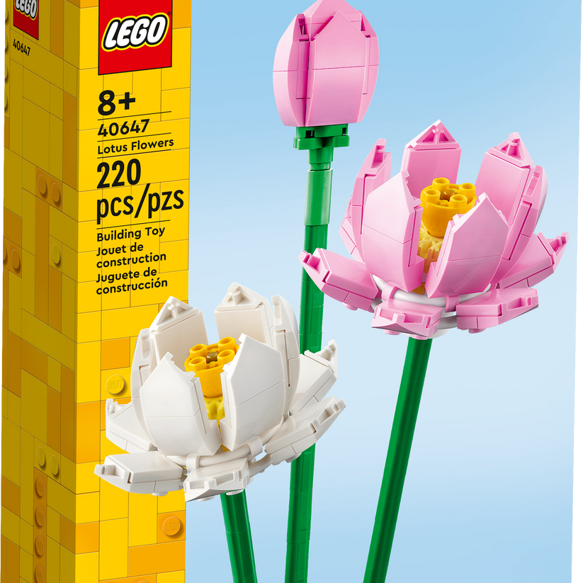 LEGO Lotus Flowers set packaging with two pink and one white lotus flowers on a blue background.