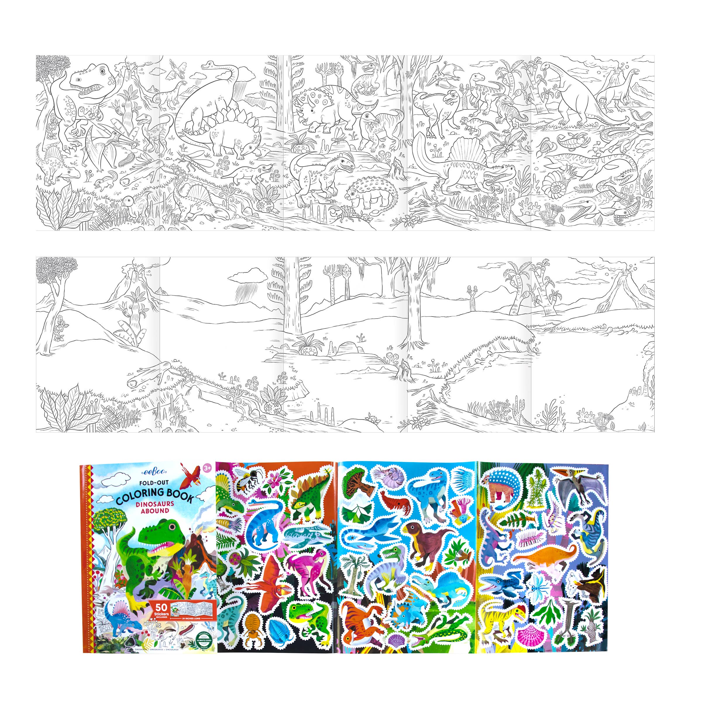 eeBoo dinosaurs fold-out coloring book with stickers, featuring colorful illustrated dinosaurs for arts and crafts activity.
