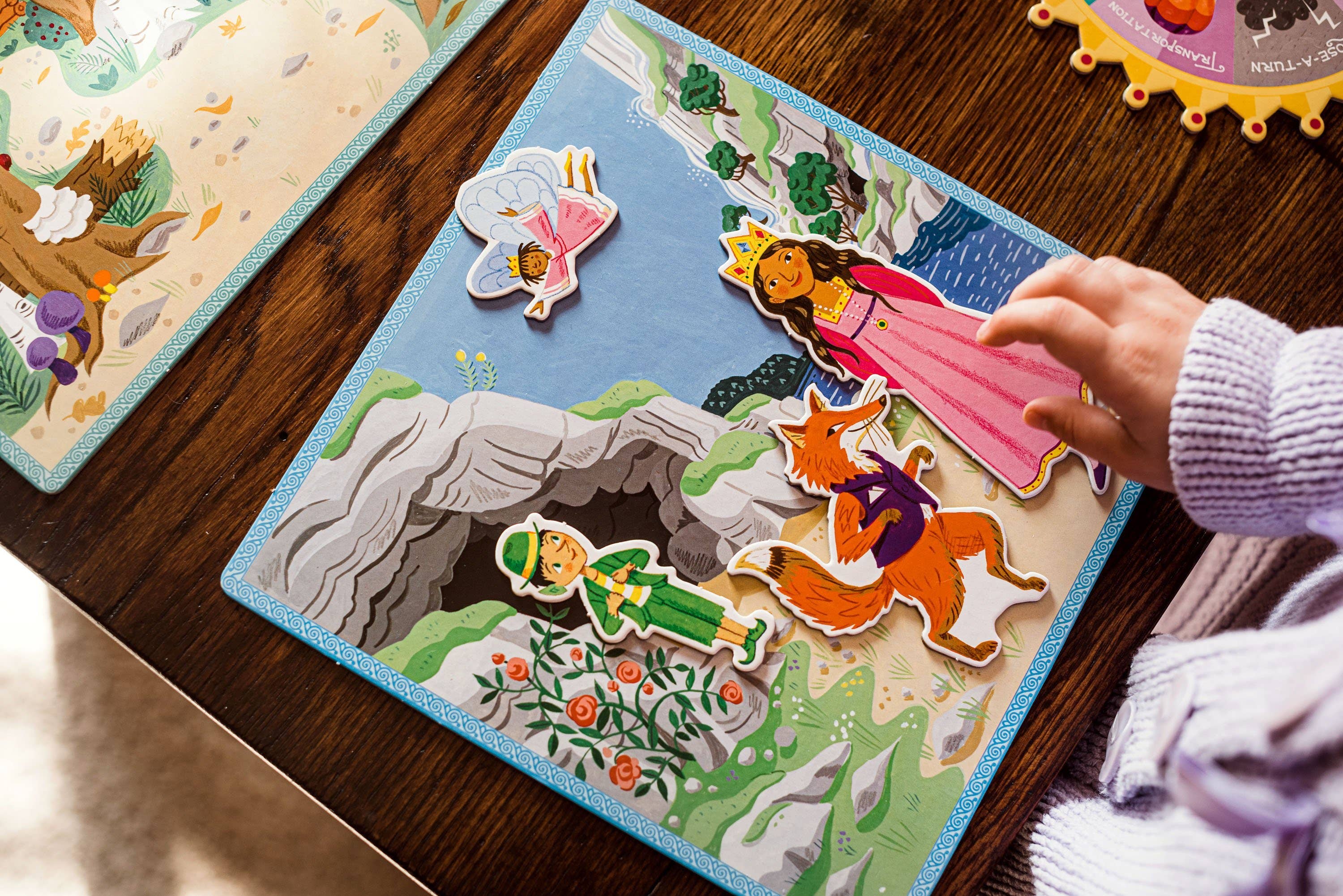 eeBoo Fairytale Spinner Game with colorful illustrated characters and spinning wheel for kids' storytelling and imaginative play.