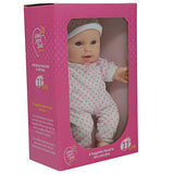 Baby doll with pacifier from The New York Doll Collection, soft cloth doll featuring realistic facial features and a pacifier.