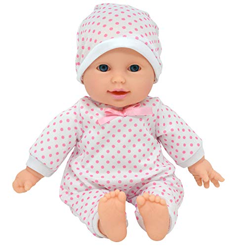 Baby doll with pacifier from The New York Doll Collection, featuring soft clothing and realistic facial features.