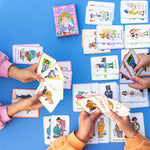 Old Maid card game by eeBoo featuring colorful illustrated cards with a playful old maid character and game instructions in the image.