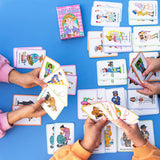 Old Maid card game by eeBoo featuring colorful illustrated cards with a playful old maid character and game instructions in the image.