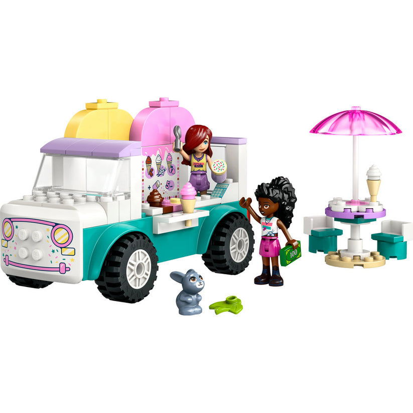 LEGO set with a ice cream truck and characters on a white background