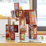 Rhino Hero Tower stacking game by HABA USA featuring colorful, illustrated wooden pieces and a playful superhero rhino character.