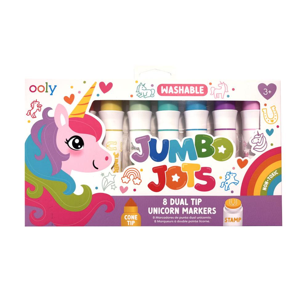 OOLY Jumbo Jots Dual Tip Unicorn Stamp Markers for arts and crafts, featuring colorful dual tips and unicorn designs.