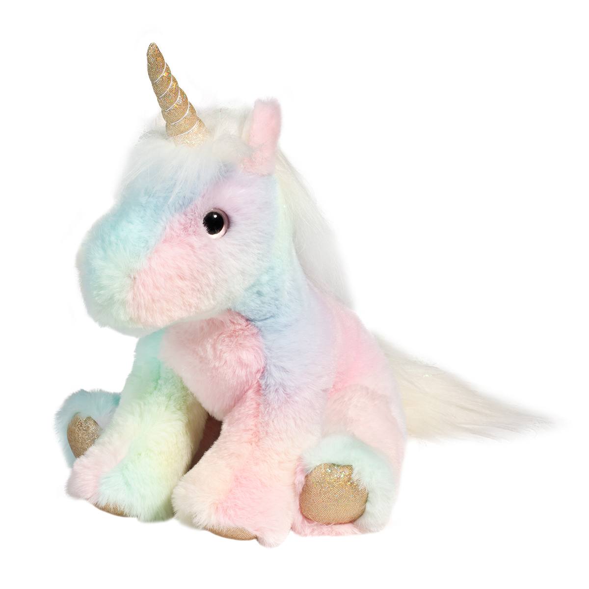 Colorful rainbow unicorn plush toy by Douglas Toys, soft and cuddly with a cheerful design, perfect for kids.