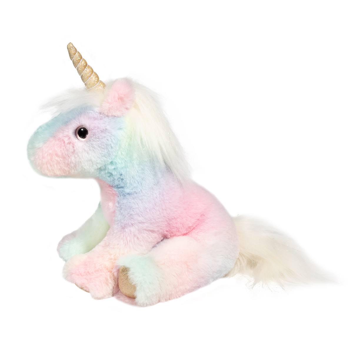 Colorful rainbow unicorn plush toy by Douglas Toys with soft fabric and embroidered details, perfect for cuddling and play.