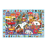 Colorful Christmas-themed puzzle with various characters and scenes on a blue background