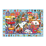 Colorful Christmas-themed puzzle with various characters and scenes on a blue background