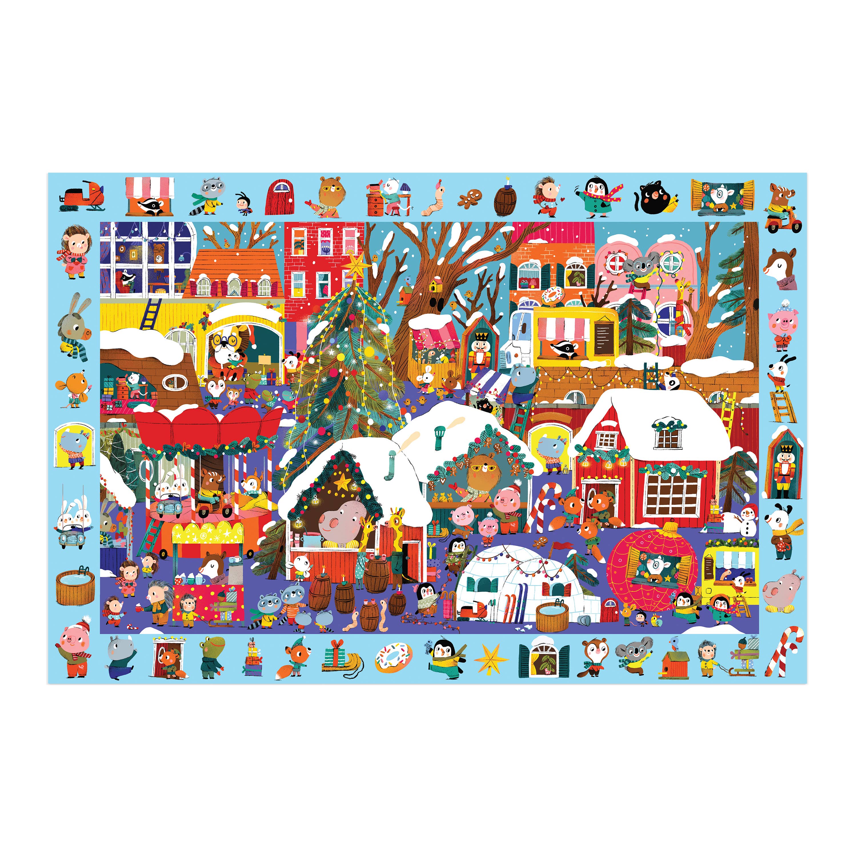 Colorful Christmas-themed puzzle with various characters and scenes on a blue background