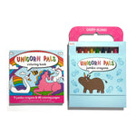 Unicorn Pals Travel Coloring Set by OOLY featuring colorful markers, crayons, and coloring pages for kids' arts and crafts activities.
