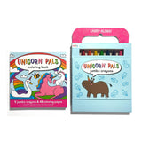 Unicorn Pals Travel Coloring Set by OOLY featuring colorful markers, crayons, and coloring pages for kids' arts and crafts activities.