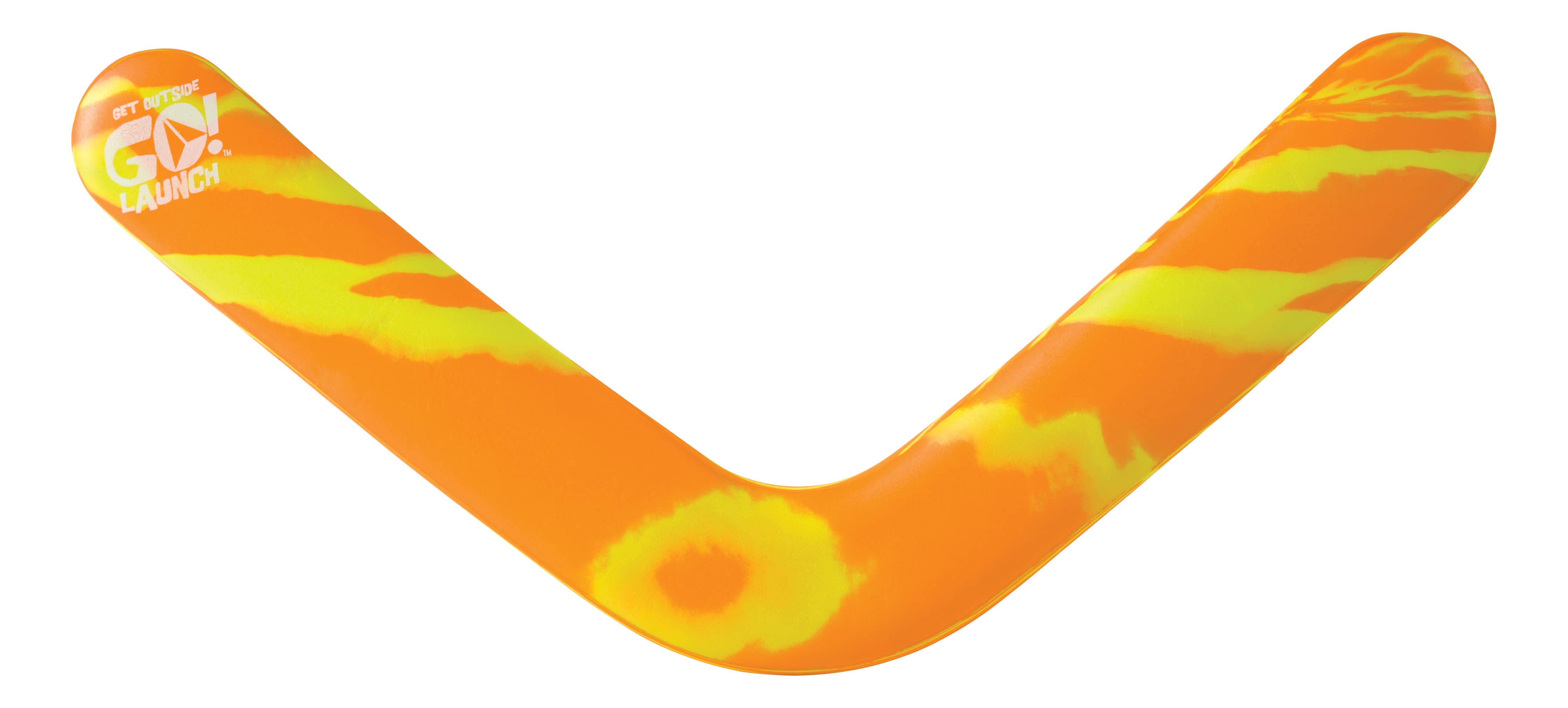 Toysmith outdoor boomerang flying through the air against a clear sky, showcasing its curved design and vibrant colors.