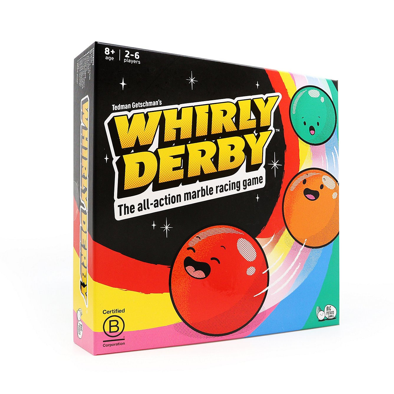 Whirly Derby game by Big Potato Games featuring colorful spinning top race tracks and game pieces for family fun.