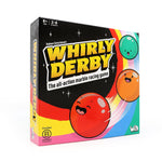 Whirly Derby game by Big Potato Games featuring colorful spinning top race tracks and game pieces for family fun.