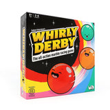 Whirly Derby game by Big Potato Games featuring colorful spinning top race tracks and game pieces for family fun.