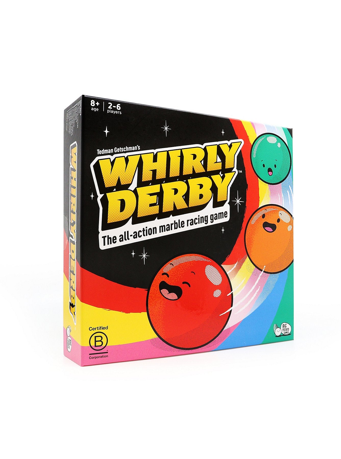 Whirly Derby game by Big Potato Games featuring colorful spinning top race tracks and game pieces for family fun.