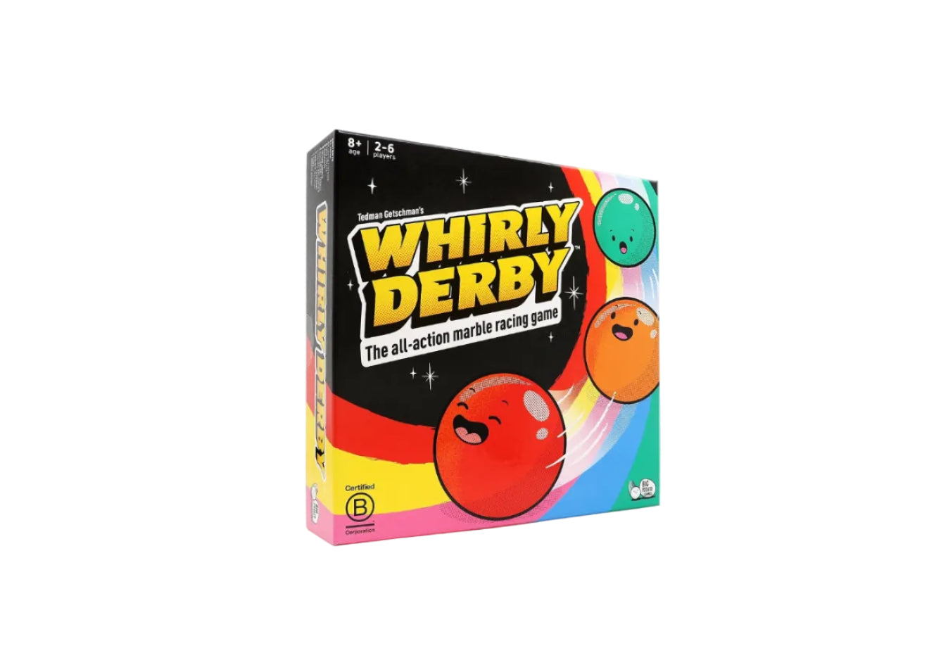 Whirly Derby game by Big Potato Games featuring colorful spinning top race tracks and game pieces for family fun.