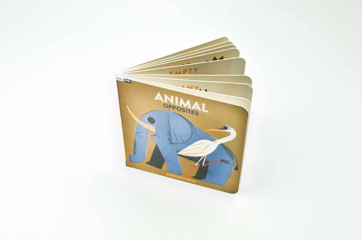 BabyLink Animal Opposites Board Book by Simon & Schuster showing colorful pages with animals and opposite words for early learning.