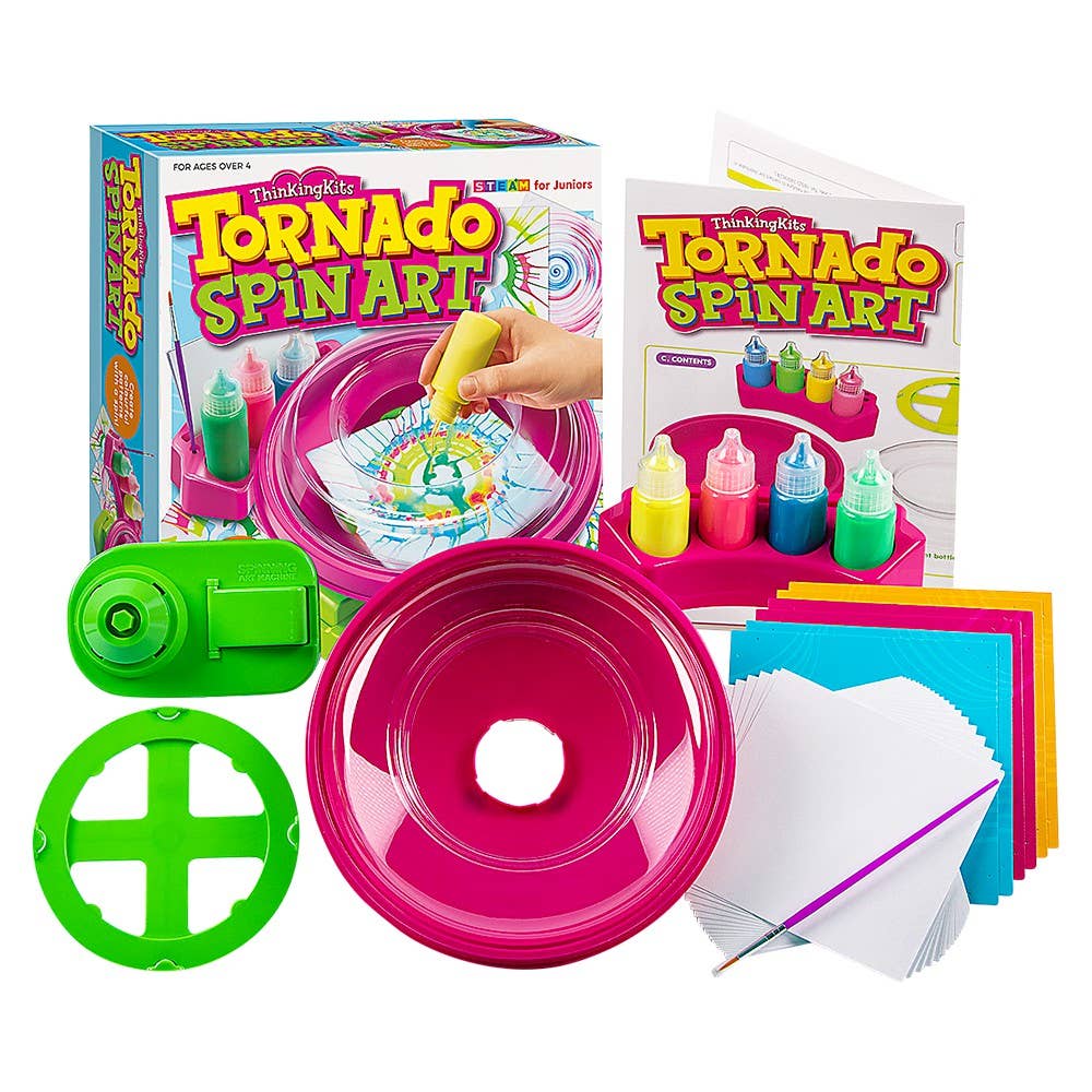 Colorful Tornado Spin Art Kit for kids by The Toy Network showcasing spinning art plates and vibrant paint supplies.