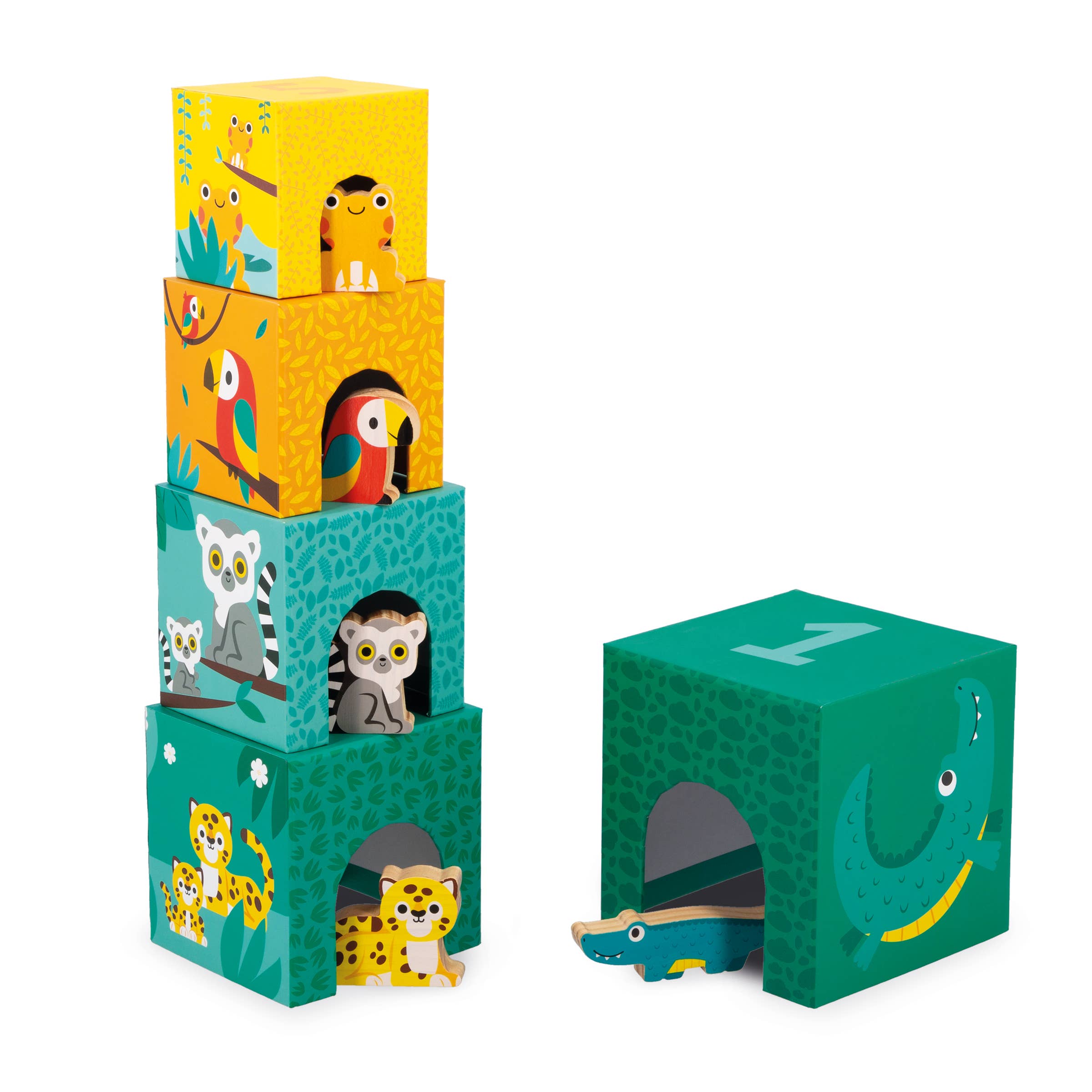 Janod Jungle Nesting Blocks for babies, colorful wooden stacking blocks with jungle animal designs and smooth edges for safe play.