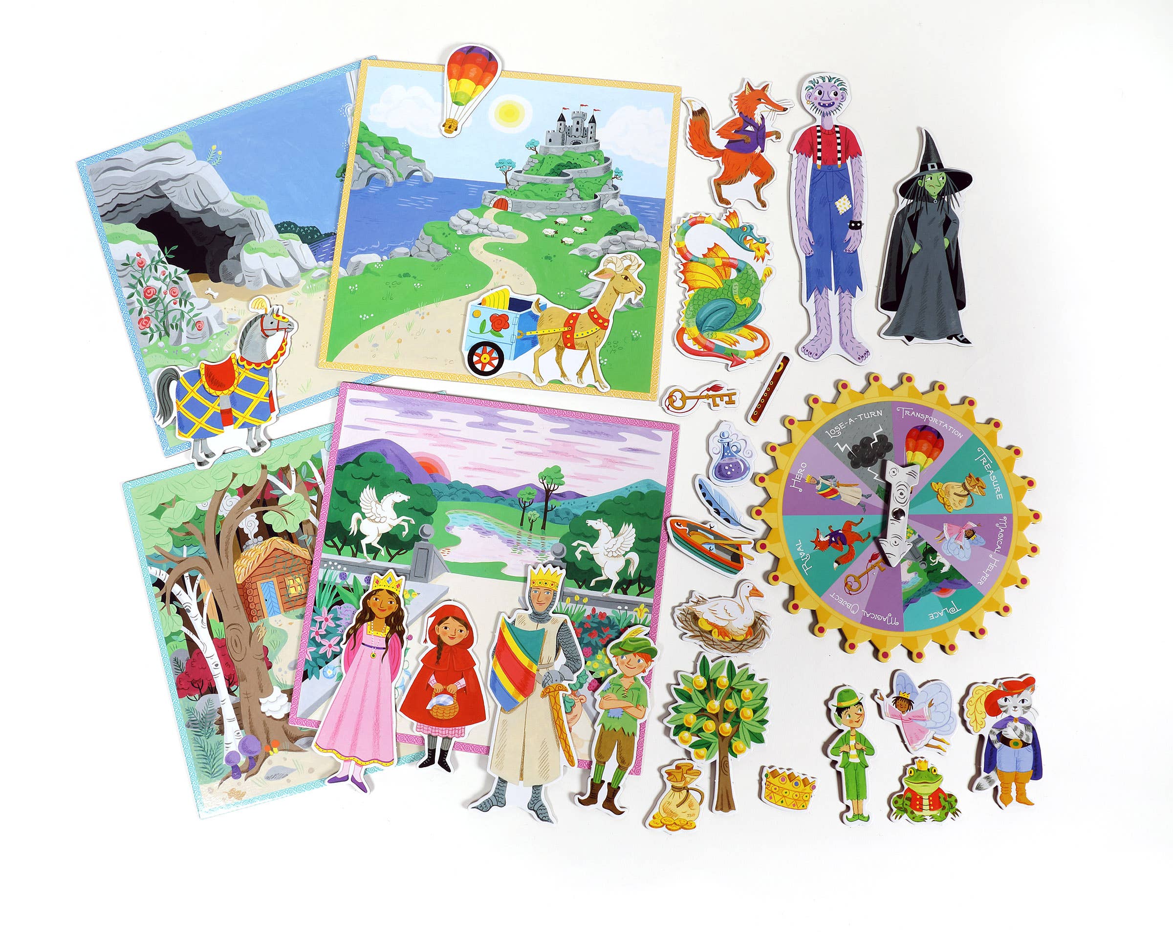 eeBoo Fairytale Spinner Game, colorful game board with fairy tale illustrations and spinning spinner for kids' entertainment.